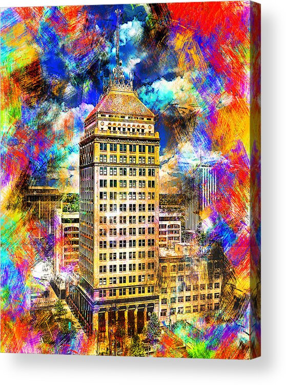 Pacific Southwest Building Acrylic Print featuring the digital art Pacific Southwest Building in Fresno - colorful painting by Nicko Prints