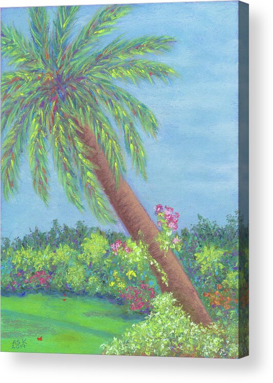Palm Trees Acrylic Print featuring the pastel Orchids on a Palm Tree by Anne Katzeff