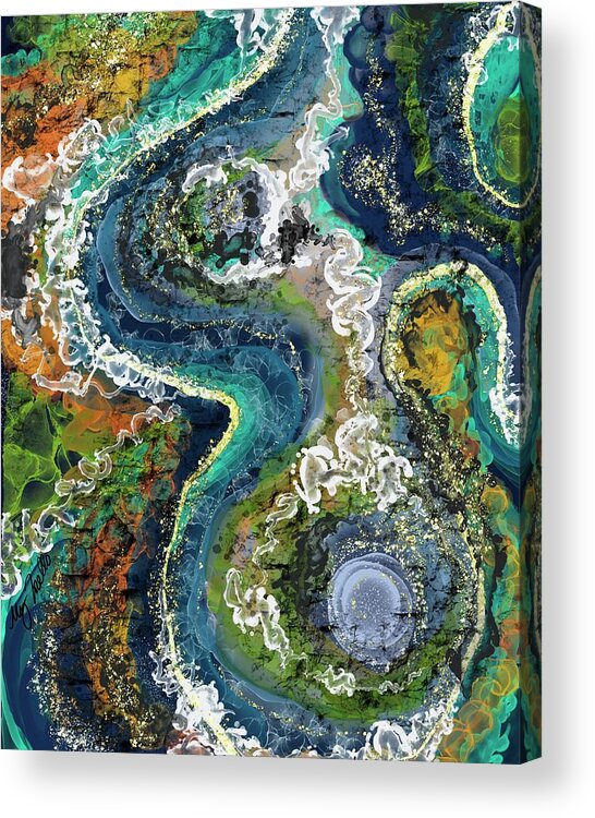 Paradise Agate Geode Earth Crystal Layers Minerals Stone Elements Land Water World Rivers Streams Golden Flecks Clouds Colorful Lost Wander Wonder Explore Create Believe Love Natural Organic Acrylic Print featuring the painting Paradise Agate by Megan Torello