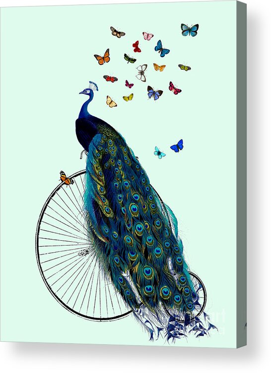 Peacock Acrylic Print featuring the digital art Peacock On A Bicycle With Butterflies by Madame Memento