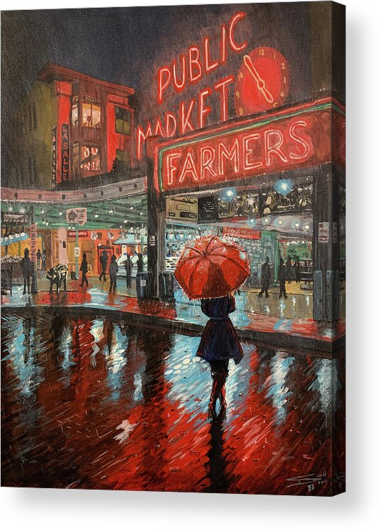 Seattle Acrylic Print featuring the painting Pike Place Public Market by Scott Dewis