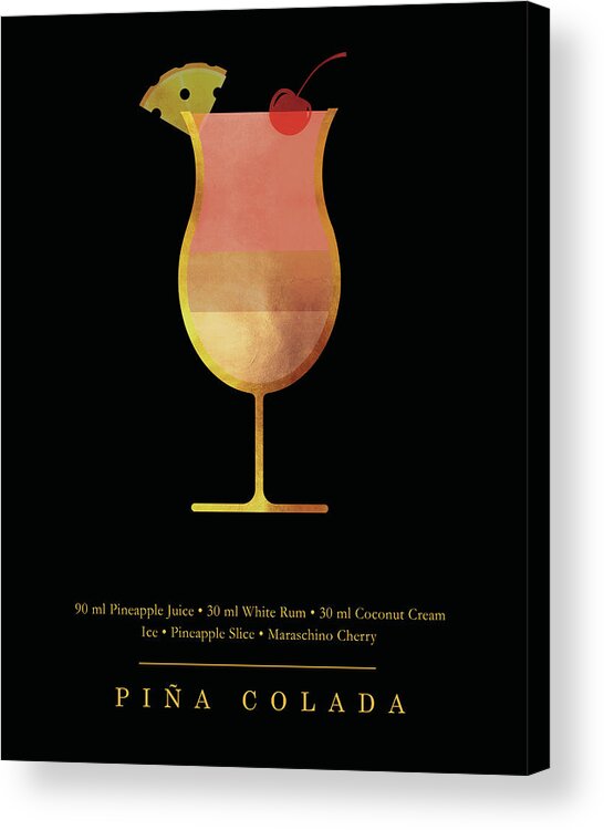 Pina Colada Acrylic Print featuring the digital art Pina Colada Cocktail - Classic Cocktail Print - Black and Gold - Modern, Minimal Lounge Art by Studio Grafiikka