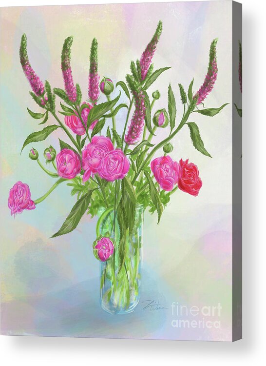 Ranunculus Acrylic Print featuring the mixed media Pink Ranunculus Bouquet by Shari Warren