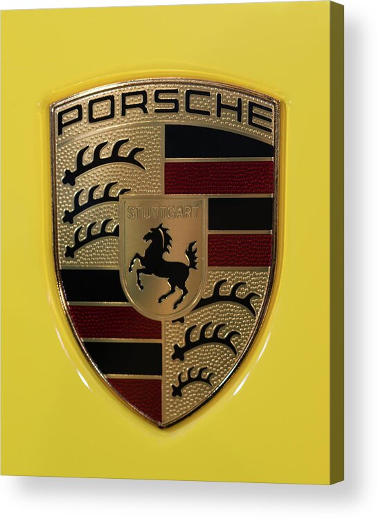 911 Acrylic Print featuring the photograph Porsche Emblem on Racing Yellow by Sebastian Musial