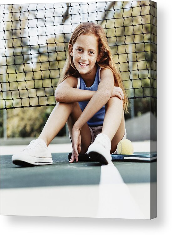 Tennis Acrylic Print featuring the photograph Portrait of a Young Girl Sitting on a Tennis Court by the Net by Digital Vision.
