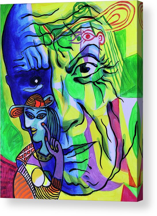 Portrait Of Pablo Picasso Yellow Red Orange  Sunflower Sunflowers Artist Pablo Picasso Pink Blue Acrylic Print featuring the painting Portrait of Pablo Picasso by Leon Zernitsky