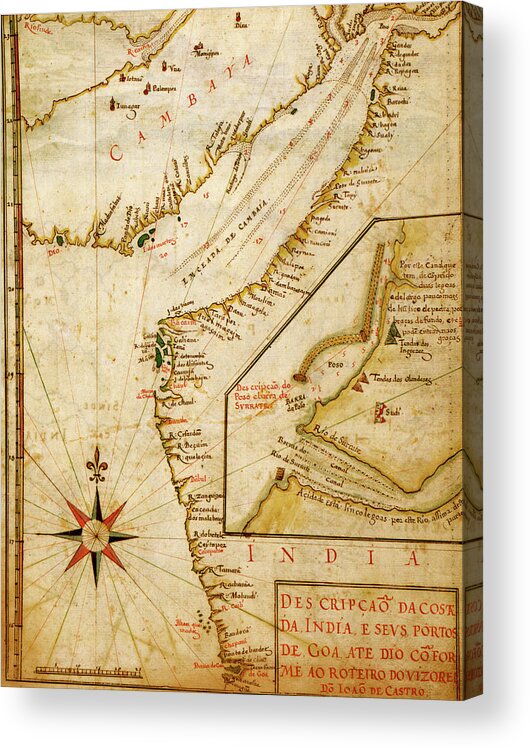 Maps Acrylic Print featuring the drawing Portuguese Port of Goa in India 1630 by Vintage Maps
