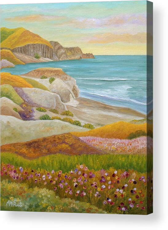 Wild Flowers Acrylic Print featuring the painting Prairie By The Sea by Angeles M Pomata