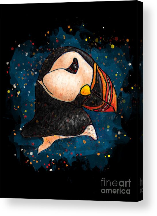 Puffin Acrylic Print featuring the painting Puffin head on black background, Splatter art puffin by Nadia CHEVREL