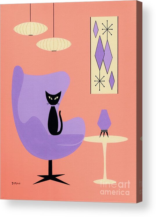 Mid Century Modern Black Cat Acrylic Print featuring the mixed media Purple Egg Chair with Diamonds by Donna Mibus