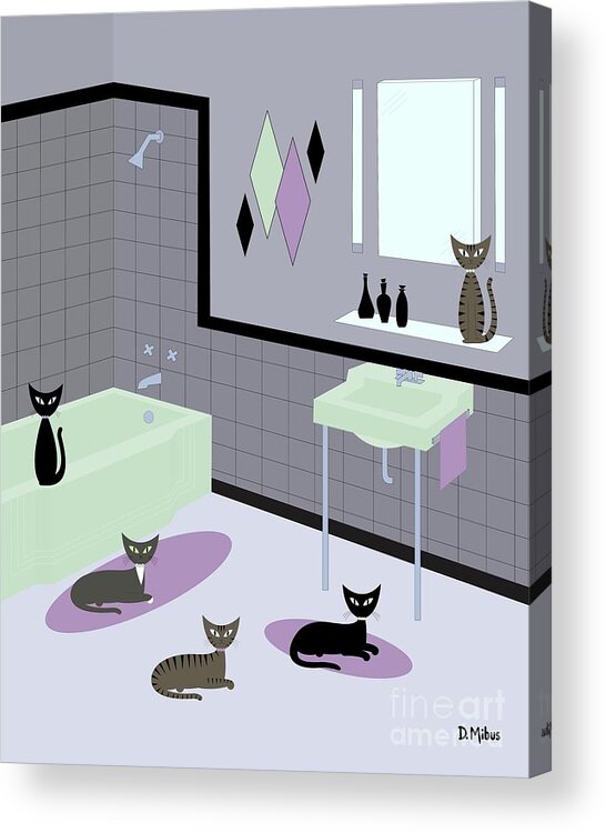 Acrylic Print featuring the digital art Retro Bathroom with Five Cats by Donna Mibus