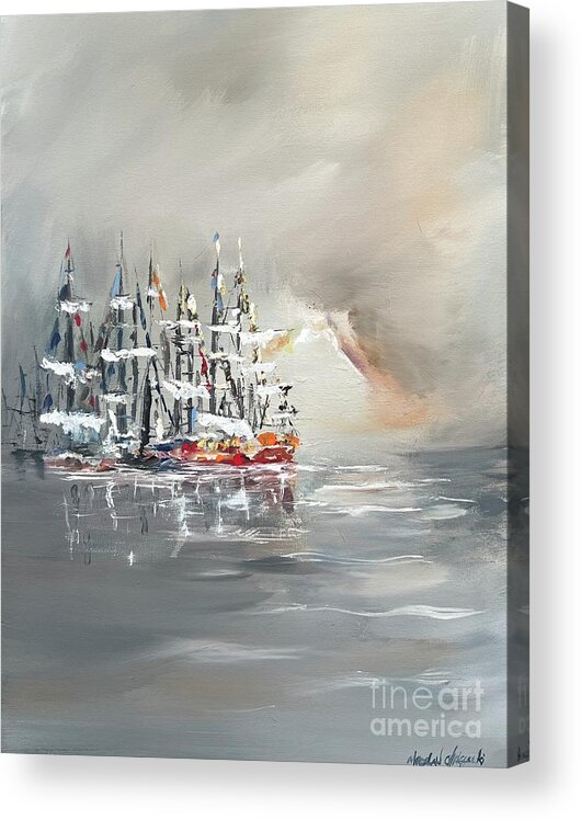 Sailing Boats At Harbor Miroslaw Chelchowski Acrylic Painting Print Ocean Dark Rest Boats Cloudy Seascape Water Gray Acrylic Print featuring the painting Sailing boats at harbor by Miroslaw Chelchowski