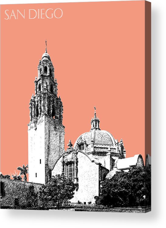 Architecture Acrylic Print featuring the digital art San Diego Skyline Balboa Park - Salmon by DB Artist