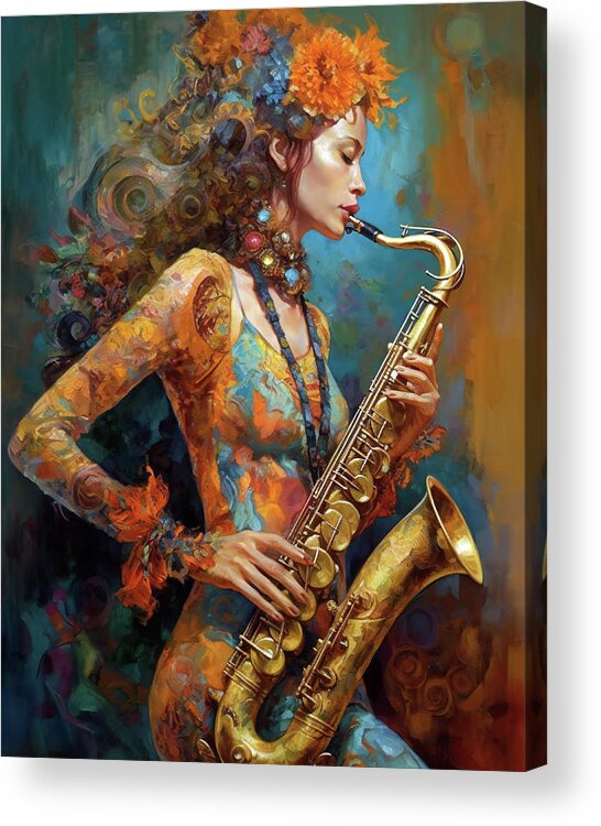Music Acrylic Print featuring the mixed media SAX by Jacky Gerritsen