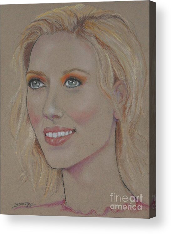 Scarlett Johansson Acrylic Print featuring the drawing Blond Bombshell No.5--Scarlett Johansson by Jayne Somogy