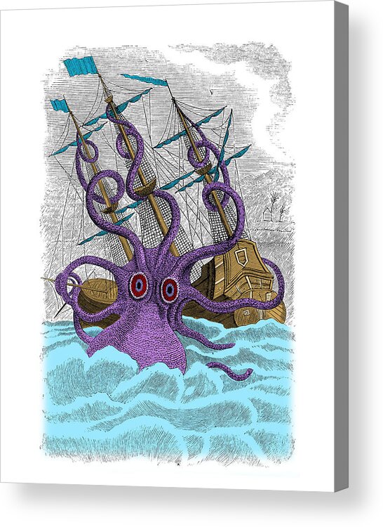 Kraken Acrylic Print featuring the digital art Sea monster with ship by Madame Memento