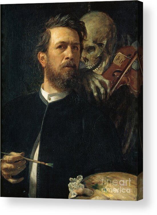 Arnold Boecklin Acrylic Print featuring the painting Self Portrait With Death Playing The Fiddle 1872 by Arnold Boecklin