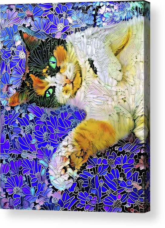 Calico Acrylic Print featuring the digital art Shadow the Calico Cat Enjoying a Flower Garden by Peggy Collins