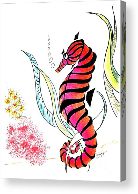 Underwater Acrylic Print featuring the drawing Shy Seahorse -- Whimsical Seahorse/Underwater Scene by Jayne Somogy
