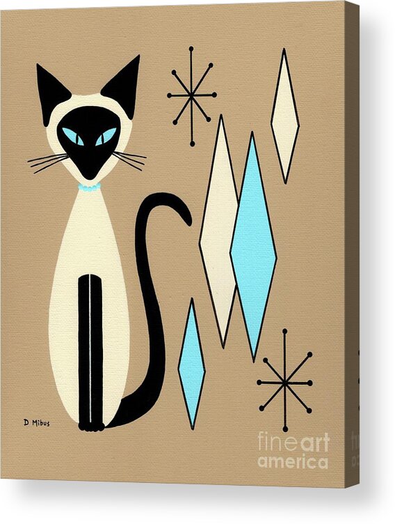 Mid Century Modern Siamese Cat Acrylic Print featuring the painting Siamese Cat with Retro Diamonds by Donna Mibus