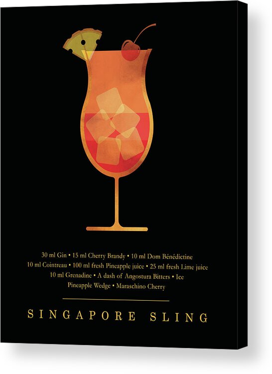 Singapore Sling Acrylic Print featuring the digital art Singapore Sling Cocktail - Classic Cocktail Print - Black and Gold - Modern, Minimal Lounge Art by Studio Grafiikka