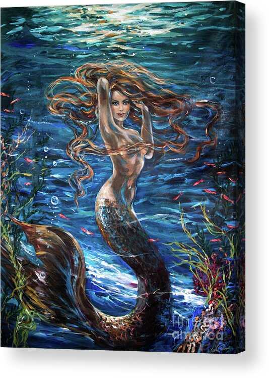 Mermaid Acrylic Print featuring the painting Siren Attitude by Linda Olsen