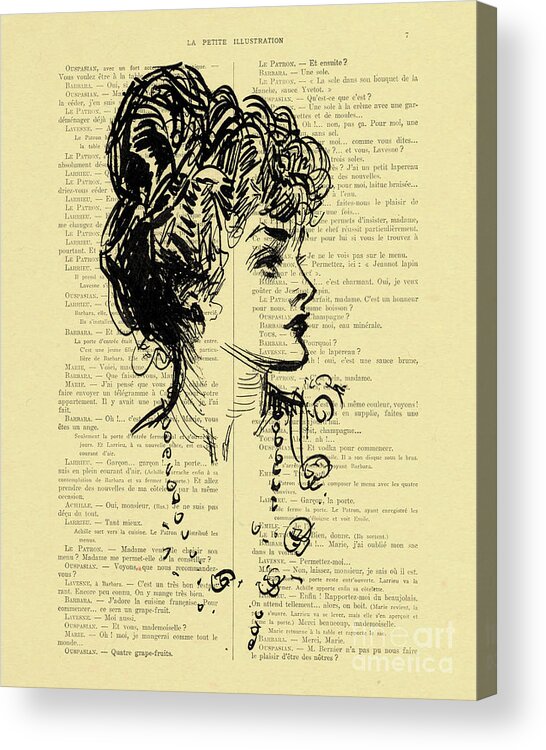 Lady Acrylic Print featuring the mixed media Sketch Of A Lady On An Antique French Book Page by Madame Memento
