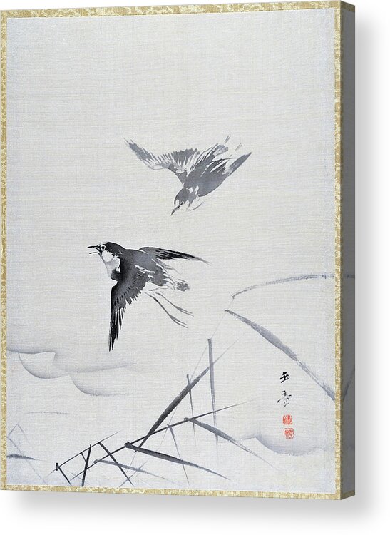 Kawabata Gyokusho Acrylic Print featuring the painting Small Birds and Bamboo - Digital Remastered Edition by Kawabata Gyokusho