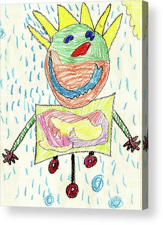 Smiling Robot Art By Kids Sun And Rain Yellow Green Orang Blue Child Acrylic Print featuring the painting Smiling Robot by Nick Abrams Age 7