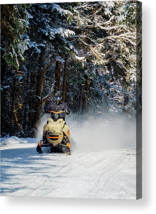 America Acrylic Print featuring the photograph Snowmobiler Riding Down Trail - Pittsburg, New Hampshire by John Rowe