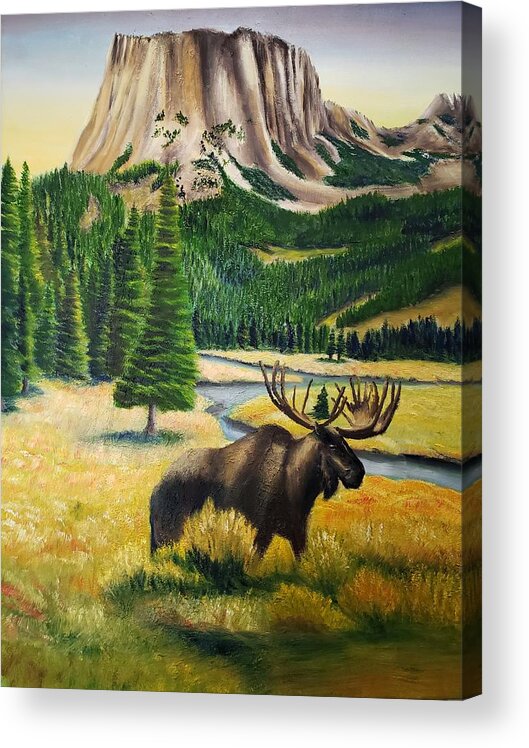 Moose Landscape Mountain Acrylic Print featuring the painting Square Top Evening with Moose by Joseph Eisenhart