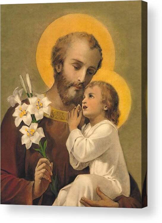 St Joseph Acrylic Print featuring the mixed media St Joseph and Jesus Lilies by Unk