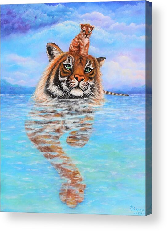 Wall Art Home Decor Tiger Baby Tiger Blue Sky Blue Water Clouds Stormy Clouds Lake Gift For Him Gift For Her Art Gallery Siberian Tiger Amur Tiger Acrylic Print featuring the photograph Storm is Coming by Tanya Harr