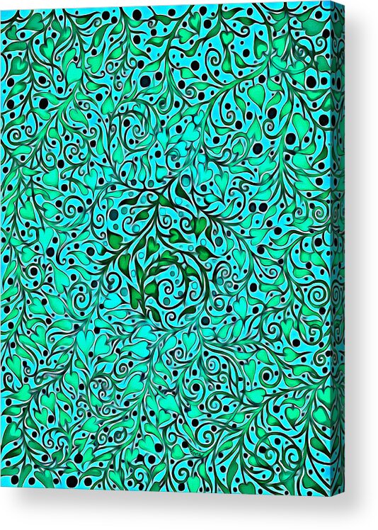 Swirling Leaves Acrylic Print featuring the tapestry - textile Swirling Philodendron Leaves in Green and Blue by Lise Winne