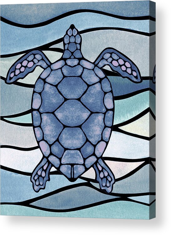 Turtle Acrylic Print featuring the painting Teal Blue Watercolor Tortoise Under The Sea Turtle Native Art Ocean Creature II by Irina Sztukowski