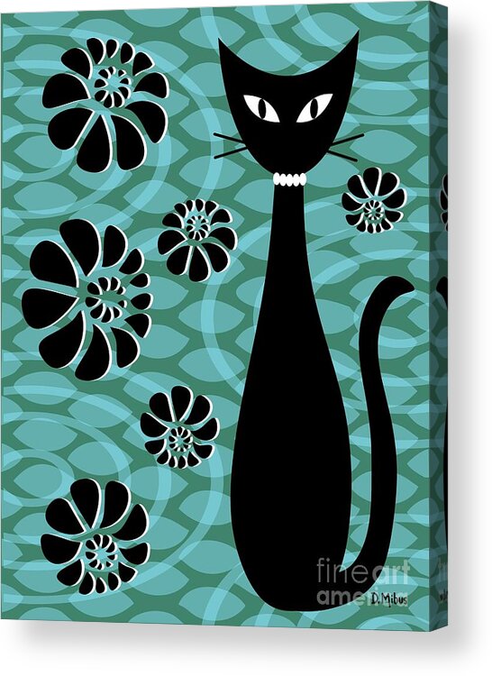 Abstract Cat Acrylic Print featuring the digital art Teal Mod Cat 2 by Donna Mibus