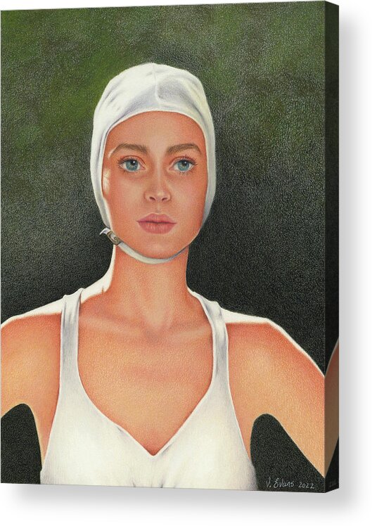 Swimming; Competition; Diving; Vintage Swimwear; Bathing Beauties; White Bathing Cap; White Swimsuit; Blue Eyes Acrylic Print featuring the painting The Competition by Valerie Evans