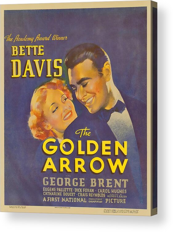 Golden Acrylic Print featuring the mixed media ''The Golden Arrow'', 1936, movie poster by Stars on Art