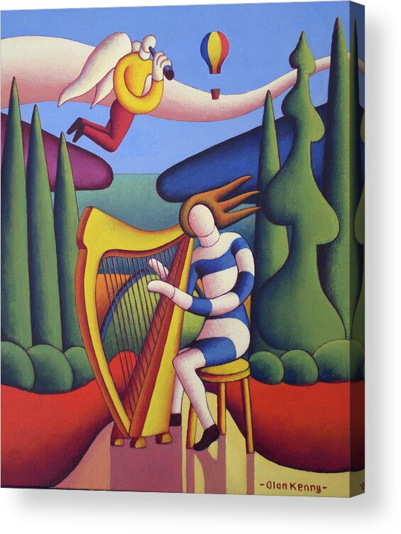 Harpist Acrylic Print featuring the painting The Harpist with Angel by Alan Kenny