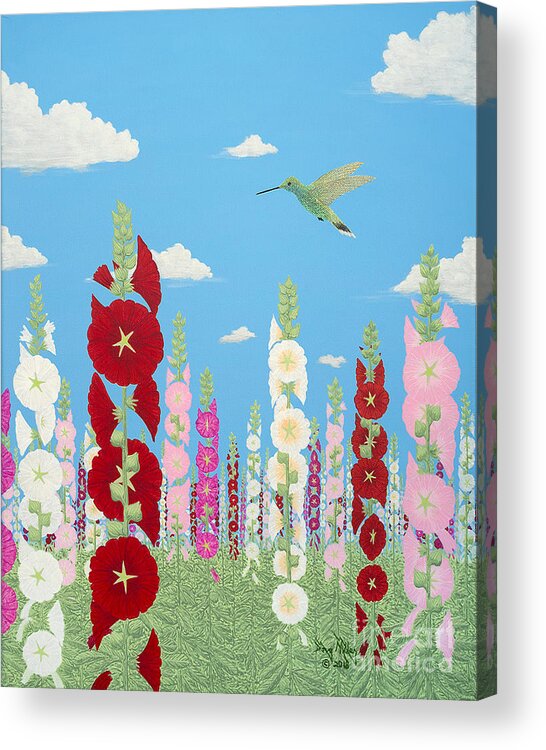 Hummingbirds Flitting Over Hollyhocks Acrylic Print featuring the painting These Are For You Part Three by Doug Miller
