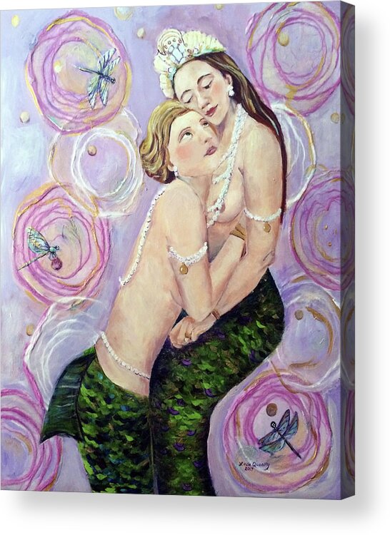 Mermaid Acrylic Print featuring the painting Two Mermaids in Pink by Linda Queally by Linda Queally