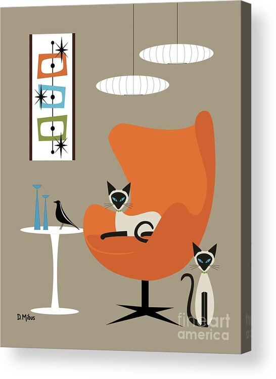 Mid Century Cat Acrylic Print featuring the digital art Two Siamese in Mid Century Orange Chair by Donna Mibus