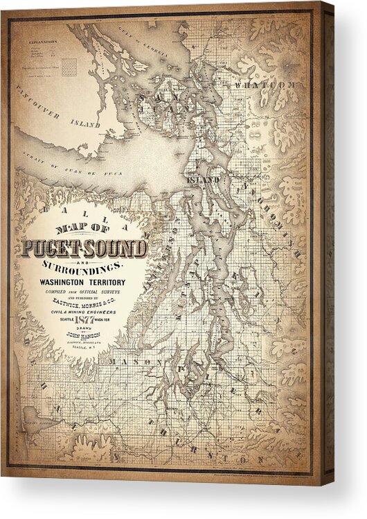 Puget Sound Acrylic Print featuring the photograph Vintage Map Puget Sound and Surroundings 1877 Sepia by Carol Japp