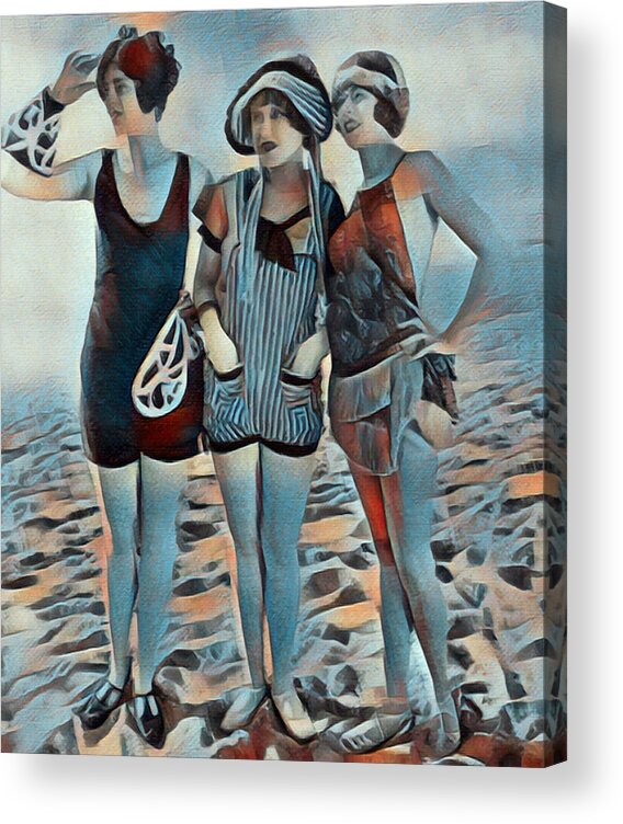 Wave Acrylic Print featuring the painting Vintage Retro Women On Beach Friends 2 by Tony Rubino