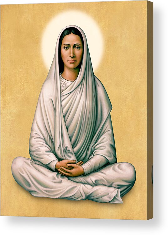 Virgin Mary Acrylic Print featuring the painting Virgin Mary Meditating on Gold by Sacred Visions