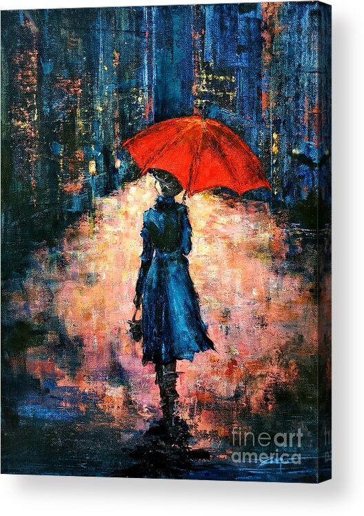 Red Umbrella Acrylic Print featuring the painting Walk in the Rain by Zan Savage