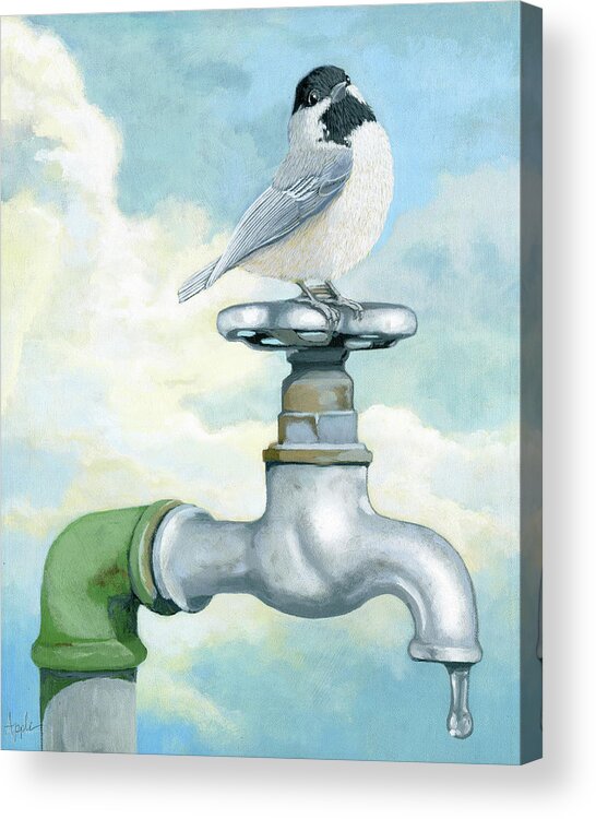 Chickadee Acrylic Print featuring the painting Water is Life - realistic painting by Linda Apple