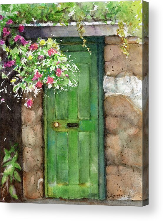 Painting Weathered Door Acrylic Print featuring the painting Weathered door and flowers by Rebecca Matthews