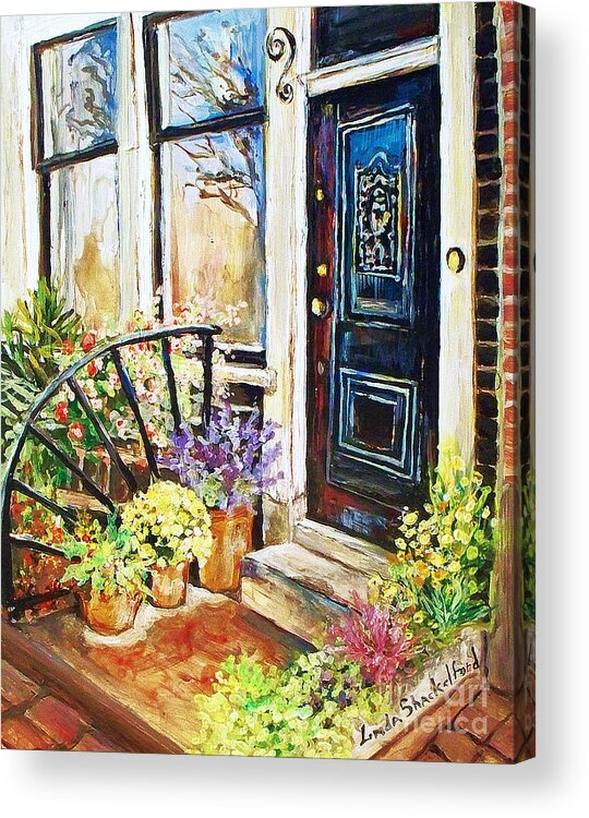 Door Acrylic Print featuring the painting Welcome Blooms by Linda Shackelford