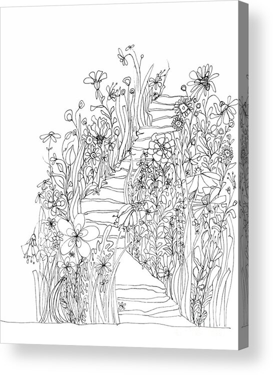Wildflowers Stairs. Ink Drawing Art Acrylic Print featuring the drawing Wildflowers Stairs - Ink Drawing Art by Patricia Awapara